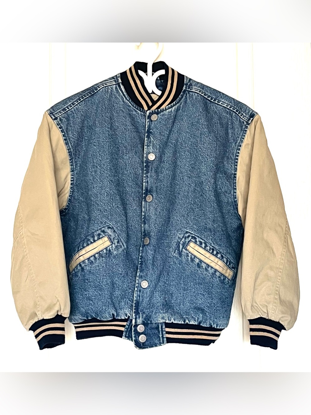 VTG 90s GAP Varsity Classic Denim Bomber Jacket Youth XL Two Tone Quilted Lined